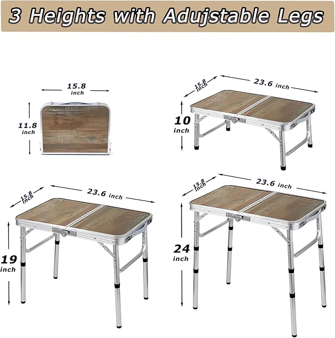 Folding Table, 3 Adjustable Heights, Camping & Outdoor Folding Table with Storage Mesh Layer, Portable for BBQ, Patio, Garden & Indoor (Brown)