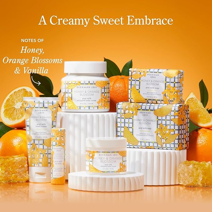 Beekman 1802 Honey & Orange Blossom 3-Piece Body Care Set – Goat Milk Skincare Gift Set with Bar Soap, Whipped Body Cream & Hydrating Body Mist – Travel Size Body Care Kit