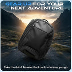 6-in-1 Traveler Backpack – Convertible Carry-On Travel Bag, Expandable 40–55L Storage, Ergonomic Design with Drink Holders & Padded Laptop Pocket, Weather-Resistant Ballistic Nylon, Black
