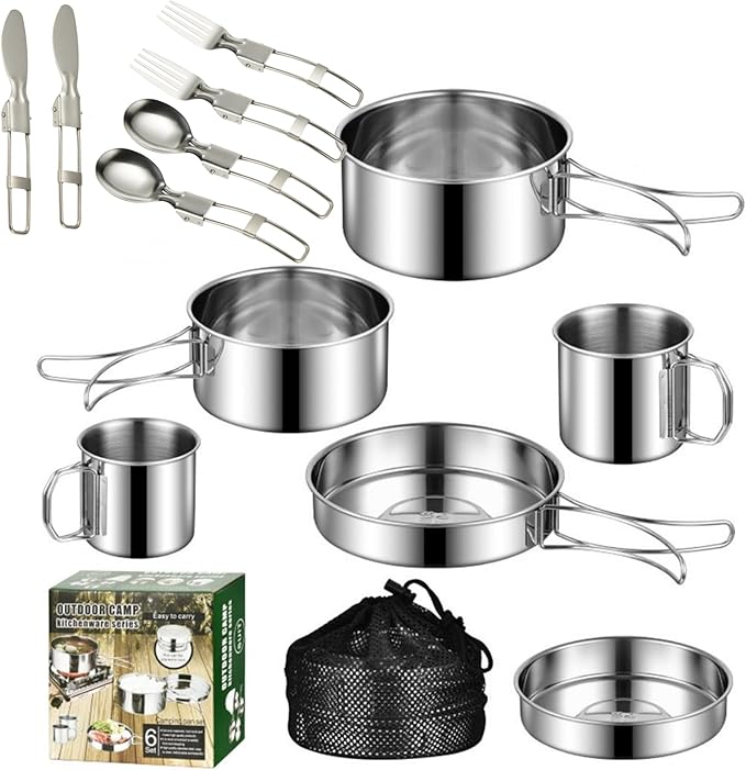 Camping Cookware Mess Kit Set 304 Stainless Steel 12-Piece Lightweight Backpacking Cooking Set Outdoor Cook Gear for Family Hiking, Picnic(Pot, Frying Pan, Bowl, Plate, Spoon, Fork)