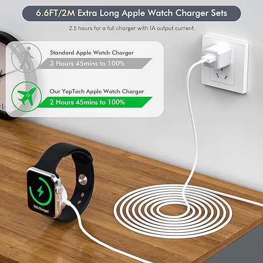 For Apple Watch Charger, 2 Pack Extra Long 6.6FT Fast iWatch Charger Portable Charging Cable Cords with USB A Wall Charger Block Plug Compatible with Apple Watch Series 10/9/Ultra 2/8/7/6/5/4/3/2/SE/1