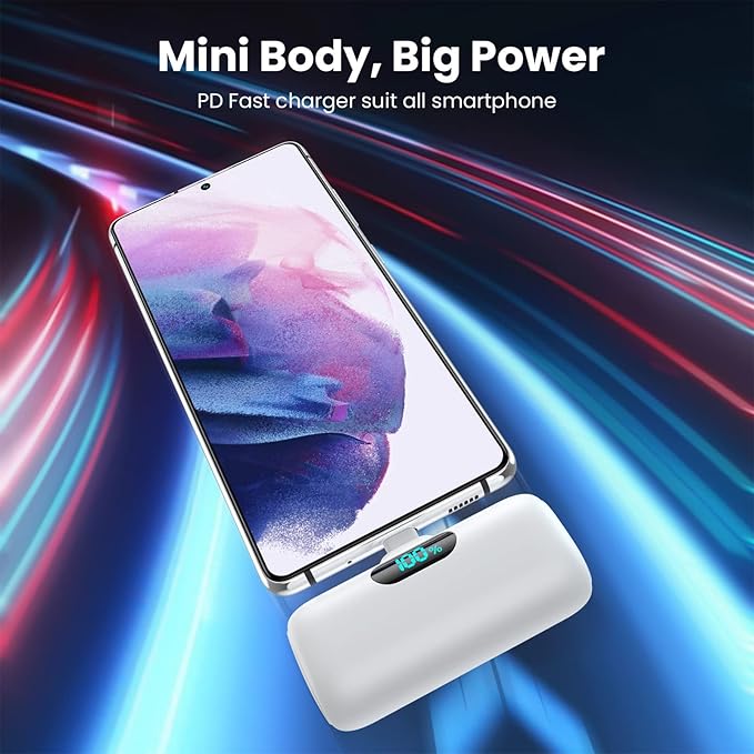 Mini Portable Charger 5000mAh Power Bank,15W PD USB C Cell Phone Portable Power, LCD Display Battery Pack Compatible With iPhone 15/15 Plus/15 Pro/15 Pro Max/Android/Samsung/Moto/LG (Type-C Only)