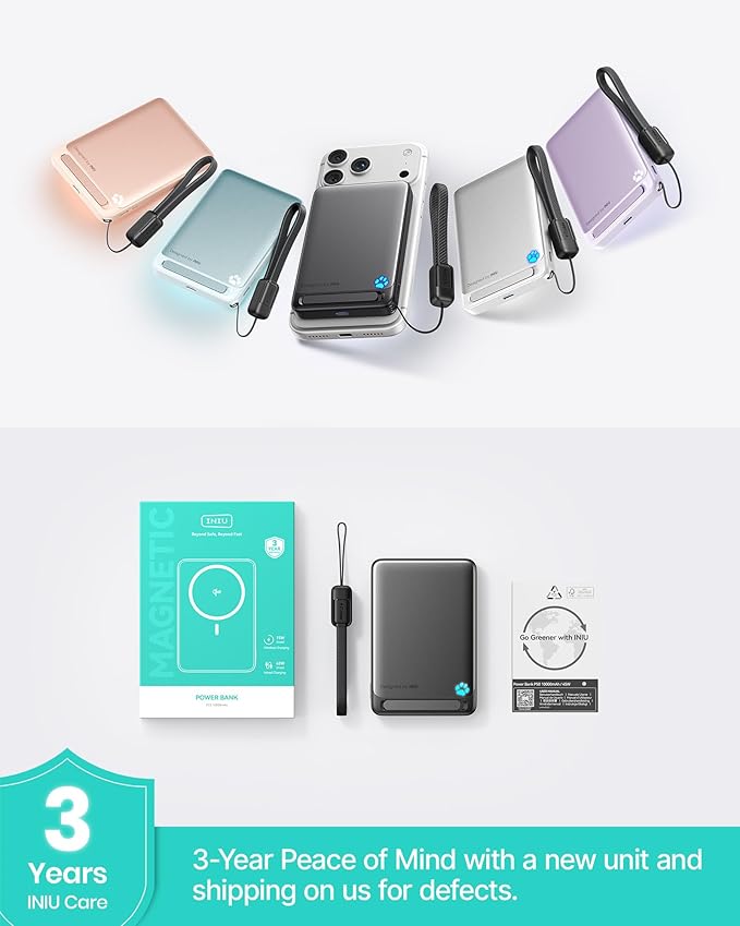 INIU for MagSafe Portable Charger, Original Qi2 Certified Wireless Fast Charging, Slimmest 10000mAh 45W Power Bank with USB C Cable&Stand, TSA Travel Battery Pack for iPhone 17-12 Series, White