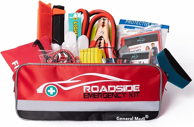 General Medi 127-Pieces Roadside Car Emergency Kit Include Mini First Aid Kit, Jumper Cables,Tow Rope, Bandage, Safety Vest, Emergency Triangle, All in One Pack