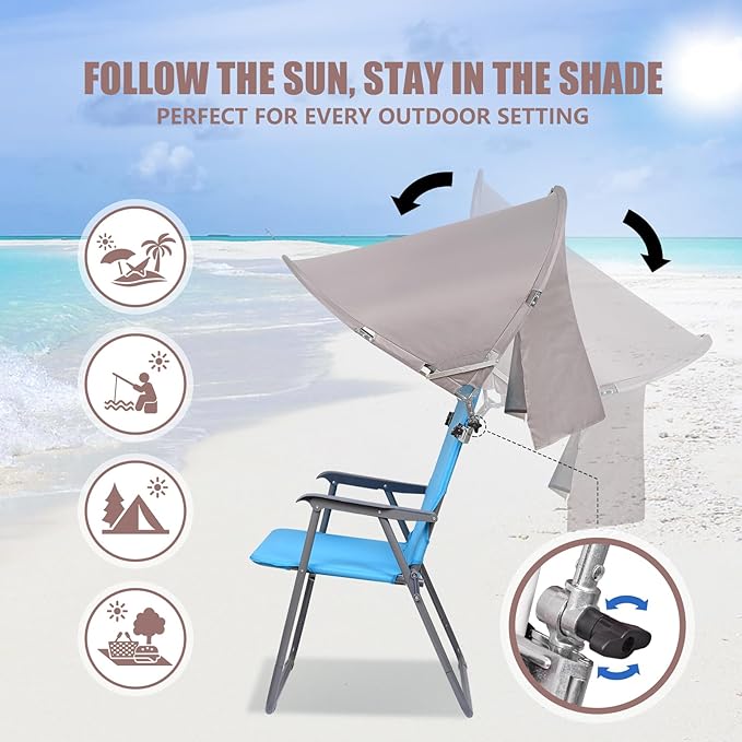 XL Universal Chair Canopy Umbrella, UPF 50+ Foldable Sun Shade Attachment with Adjustable Clamp, Fits Most Brands’ Beach, Camping, Lawn, Tanning, Zero Gravity, Lounge & Fishing Chairs