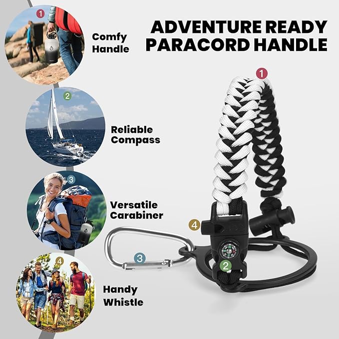 One Gallon Water Bottle Insulated, Triple Walled Vacuum Stainless Steel (Cold for 48 Hrs), Leak Proof & Non-BPA, Large Water Flask Jug with Paracord Handle & Straw Spout Lids