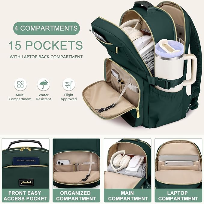 Focdod Laptop Backpack for Women Bookbag: 15.6 inch Work Backpacks with Pouch Pocket for Large Capacity Cup & USB Charger College Book Bag Travel Business Nurse Teacher Bookbags Anti-theft Back Pack