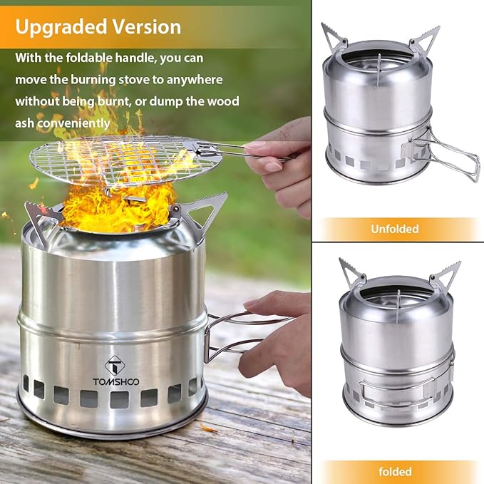 TOMSHOO Portable Folding Windproof Wood Burning Stove Compact Stainless Steel Alcohol Stove Outdoor Camping Hiking Backpacking Picnic BBQ