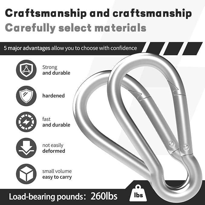 Carabiners Clip Spring Snap Hook,Heavy Duty Galvanized Steel(10&120PcsM6,50PCSM8&30PCSM10) Carabiner,Safety Quick Links Snap Hooks,Spring Clips for Swing Hammock Camping Keychain Outdoor
