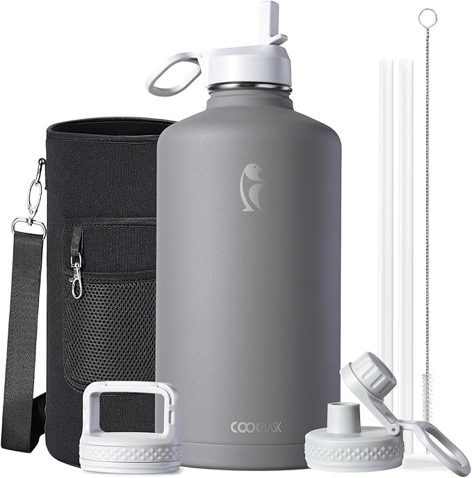 Coolflask 128 oz Gallon Water Bottle Insulated with Straw&3 Lids, Water Jug Large Stainless Steel Metal Vacuum Wide Mouth for Sports, Gym or Office, Non-BPA Keep Cold 48H Hot 24H, Dark Grey