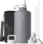 Coolflask 128 oz Gallon Water Bottle Insulated with Straw&3 Lids, Water Jug Large Stainless Steel Metal Vacuum Wide Mouth for Sports, Gym or Office, Non-BPA Keep Cold 48H Hot 24H, Dark Grey