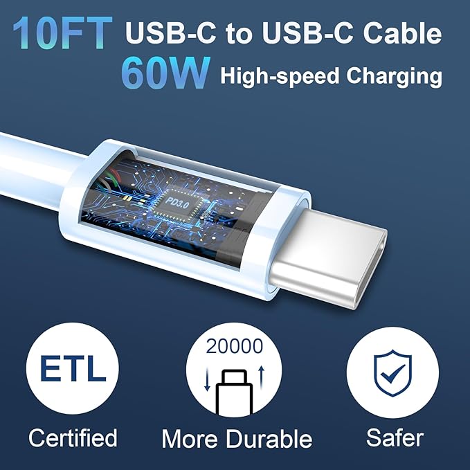 Fast Charger for Phone 17 16 15 Pro Max Charger, 20W Dual Port USB C Fast Charger Block with 10FT Long USB C to C Charging Cable Cord for Phone 17 16 15 Pro Max/17 16 15 Pro/15/15 Plus,Pad Pro