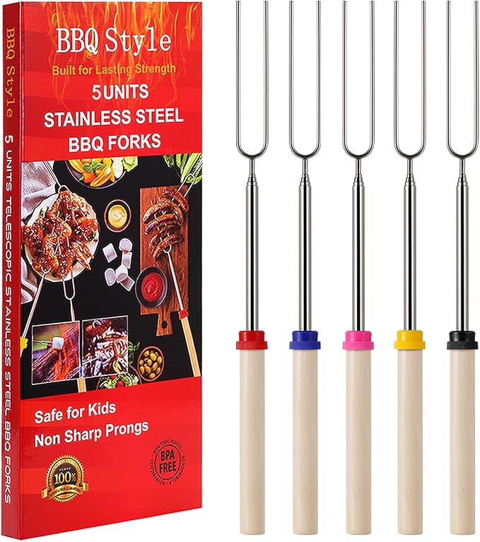 Marshmallow Roasting Sticks, Telescoping Smores Sticks for Open Fire Pit, 32 Inch Long Marshmallow Toasting Barbecue Forks S’mores Skewers for Campfire Camping Hotdog Hot Dog Bonfire Grill, 5 Pack