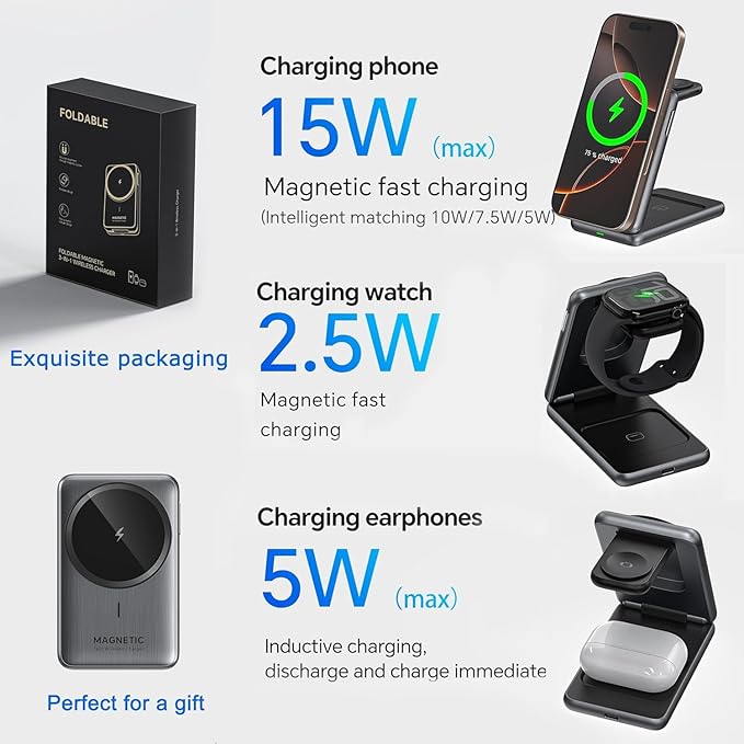 Wireless Charging Station,3 in 1 Charging Stand Made for Apple Watch Ultra 10 9 8 7 6 SE 5 4 3,Fast Wireless Charger Made for iPhone 17/Air/16/15/14/13/12/11/X,for AirPods Pro