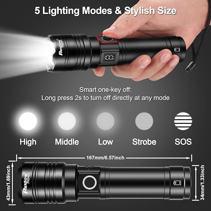 PHIXTON Rechargeable Flashlights 2000 High Lumens Long Range 3280 FT, Super Bright USB C LED Flashlight Long Lasting 15 Hours, Powerful Multifunctional Strong Flash Lights, for Camping