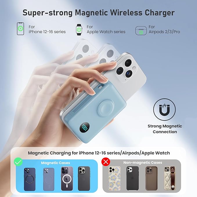 Magnetic Portable Charger for iPhone with Built-in Cables, 6-in-1 10800mAh Power Bank with iWatch Charger & LCD Display,25W Fast Charging Battery Pack for iPhone 16/15/14/13/12,Apple Watch (Sky Blue)