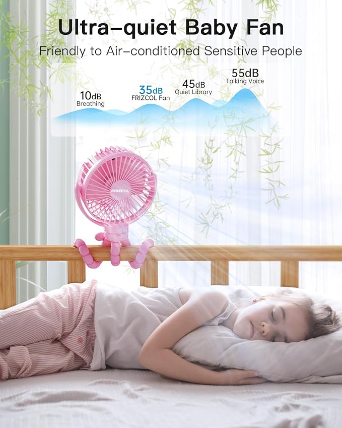 FRIZCOL 12000mAh Portable Stroller Fan, Use As Power Bank, 65H Battery Operated Fan Flexible Tripod Clip On Fans, Detachable Personal Handheld Baby Fans for Stroller, Car seat, Desk, Treadmill（Pink）