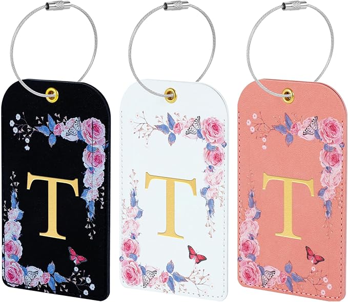 3 Pack Luxury Floral Luggage Tags, Durable PU Leather Suitcase Tags with Stainless Steel Cable Strap, Hidden ID Slot for Privacy Protection, Easy to Identify Waterproof Travel Accessories Gift (T)