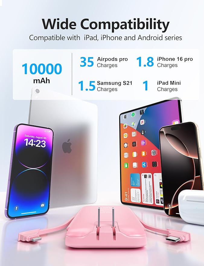 Portable Charger Power Bank with Built-in Cable & AC Plug, 10000mAh Fast USB-C Charger, Slim Mini Battery for iPhone 16/15/14/13/Pro/Max & All USB-C Devices