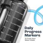 AQUAFIT Half Gallon Water Bottle with Time Marker - Straw & Chug Lid - BPA Free Gym Water Bottle with Straw - Big Gallon Jug (Blue, 64 oz - 2 Lids)