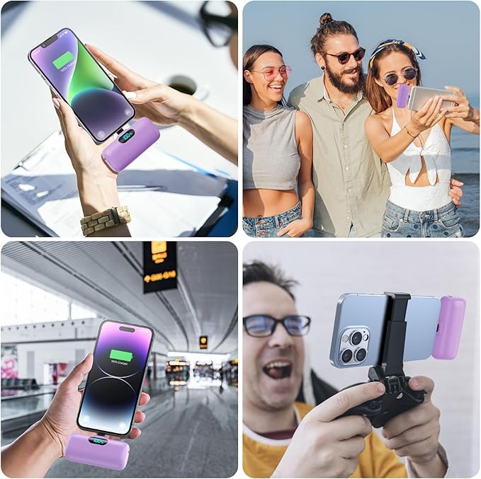 [2 Pack] Small Portable Charger for iPhone,Upgraded 5000mAh PD Fast Charging Power Bank, LCD Display Cute Mini Battery Pack Compatible with iPhone 14/14 Pro Max/13/13 Pro/12 Pro/11/XR/X/8,Black+Purple