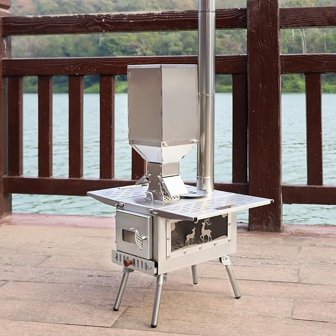 Outdoor Camping Stove Accessory Pellet Bin with Burner for Tent Stove(Silver)