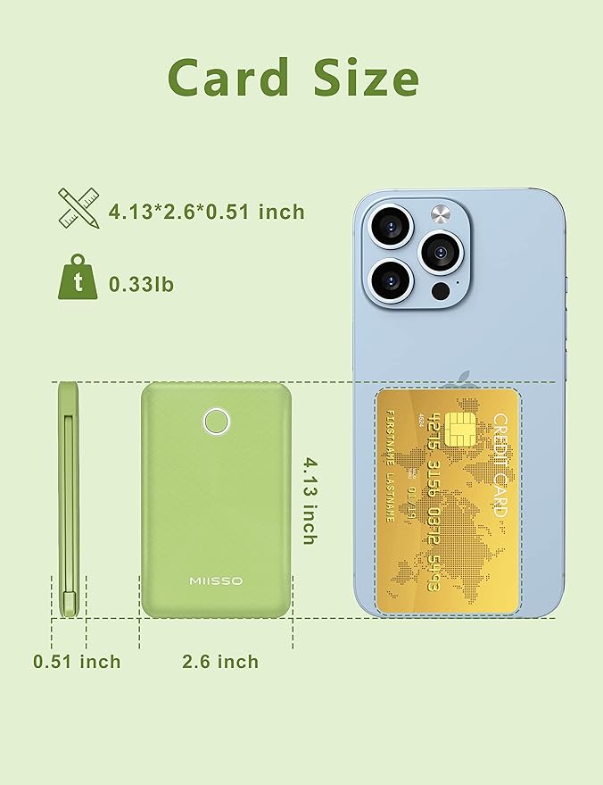 6000mah Ultra Slim Built in Cables Power Bank, Card Size Built in USB C Cords Battery Pack Portable Charger for Phones, 3 Output External Battery Pack Compatible with iPhone, Samsung, Deep Green