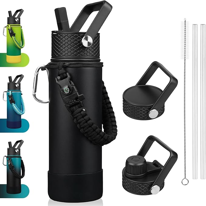 BJPKPK Insulated Water Bottle with Straw Lid, 22oz Thermo Water Bottles with 3 Lids, Paracord Handle & Non-slip Boot, BPA Free Leak Proof Stainless Steel Tumblers, Cups,Black
