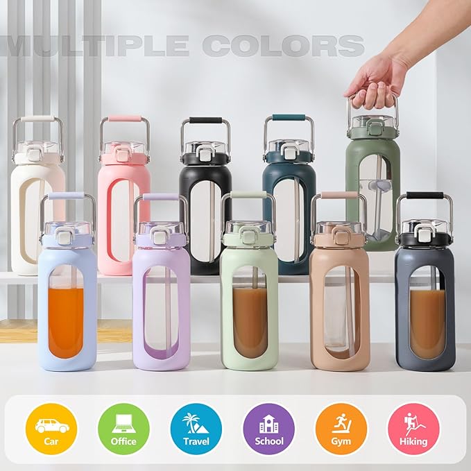 BLUEGO 64oz Water Bottle Glass with Stainless Steel Handle Large Water Bottle with Time Markers and Silicone Sleeve Half Gallon Water Jug BPA Free for Gym Daily Use, Black