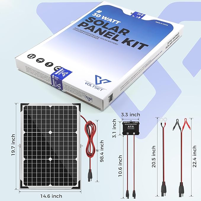Solar Panel Kit 30W 12V, Solar Battery Trickle Charger Maintainer, Waterproof Solar Panel + Upgrade Charge Controller + Adjustable Mount Bracket for Boat RV Motorcycle Marine