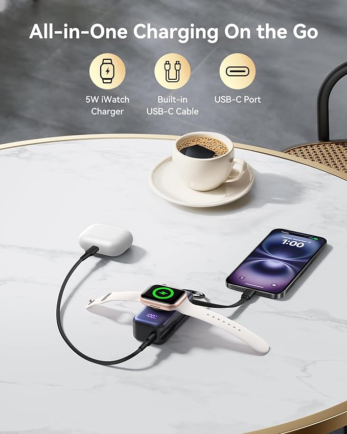 INIU Portable Charger, Pocket Size 5000mAh 20W PD Fast Charging Power Bank, with Built-in USB C Cable and Watch Charger, Keychain Battery Pack, Travel Charger for iPhone 17 16 15, Apple Watch, etc.