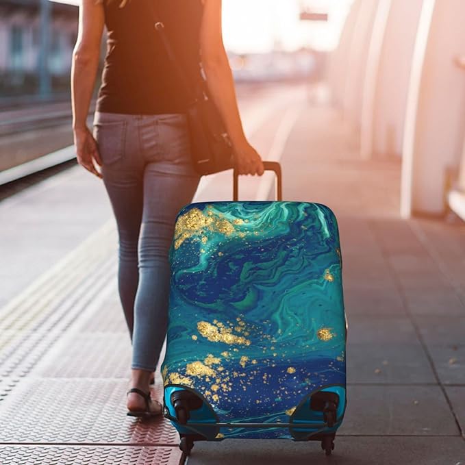 Travel Luggage Cover Suitcase Protector, Gold Blue Abstract Marble Washable Elastic Suitcase Baggage Cover Anti-scratch Double-sided with Zipper Closure for Wheeled Suitcase Fits 29-32 Inch Luggage