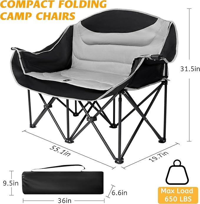 UBALANCE Double Camping Chair for Adults - Heavy Duty 650LBS Portable Camping Chairs Oversized Camping Loveseat, Folding Camping Chair for Garden Lawn Sport Picnic Beach Fishing (Gray)