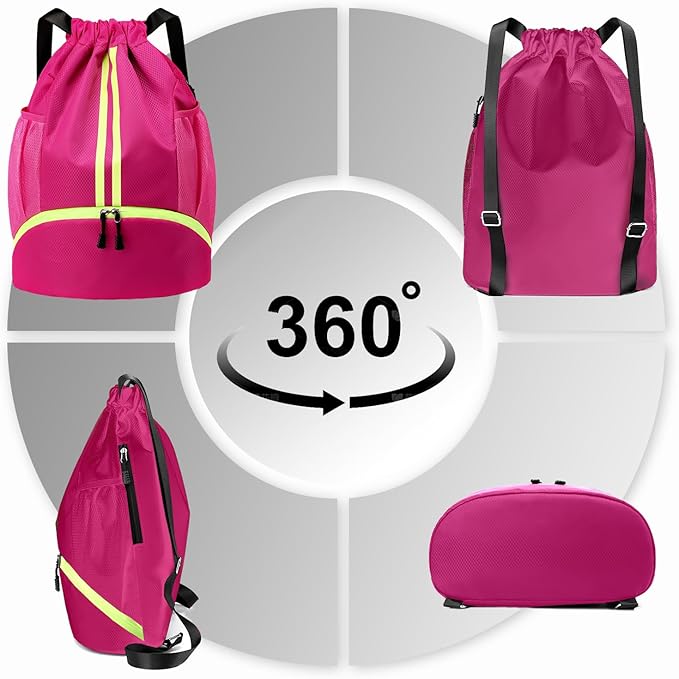 Hoedia Sports Drawstring Backpack - String Swim Gym Bag with Shoes Compartment and Wet Proof Pocket for Women&Men