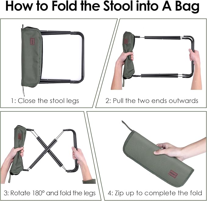 MOONCY Portable Stool, 13 Inch Small Folding Stool for Adults, Ultralight Green Camping Stools for Hiking and Fishing, Hold Up to 265 LBS