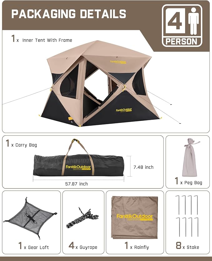 FanttikOutdoor Alpha C4 Ultra Camping Tent 4 Person Pop Up Instant Cabin Setup in 60 Seconds Portable Hub Tent with Rainfly & Windproof for Outdoor Camping & Overlanding