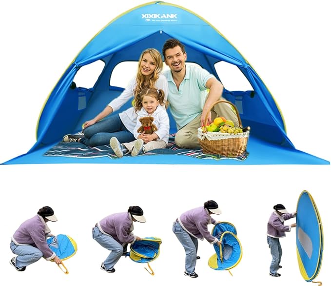 2 Seconds Easy Setup Pop Up Beach Tent for 2-3 Persons,UPF 50+ Thicker Oxford Fabric,Steel Wire Frame,Superb Windproof Sun Shelter,Lightweight Beach Cabana with Handy Carry Bag