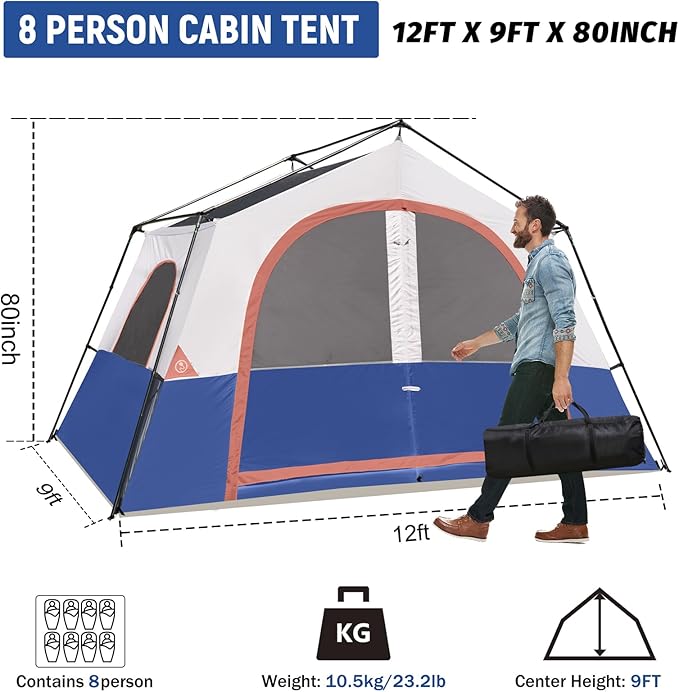 HIKERGARDEN 6-8 Person Camping Tent - Portable Family Cabin Tent for Camp, Windproof Fabric Camp Tent Outdoor for Hiking, Backpacking, Traveling