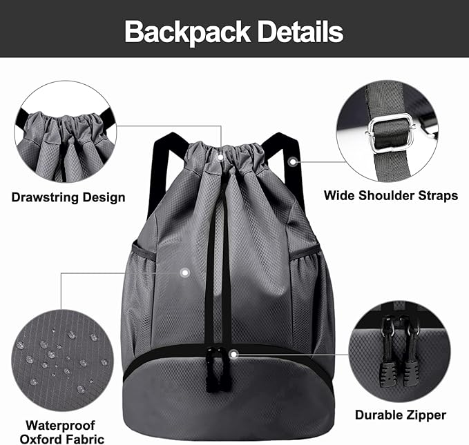 Hoedia Sports Drawstring Backpack - String Swim Gym Bag with Shoes Compartment and Wet Proof Pocket for Women/Men (Dark Grey)