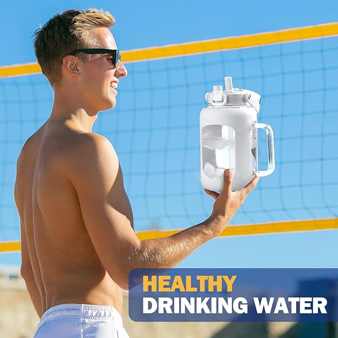 BLUEGO Water Bottle 64 oz Tumbler with Lid and Straw, Glass Water Bottle with Straw, Water Tumbler with Handle Half Gallon Water Jug Large Waterbottle for Daily Water Intake, BPA Free, White