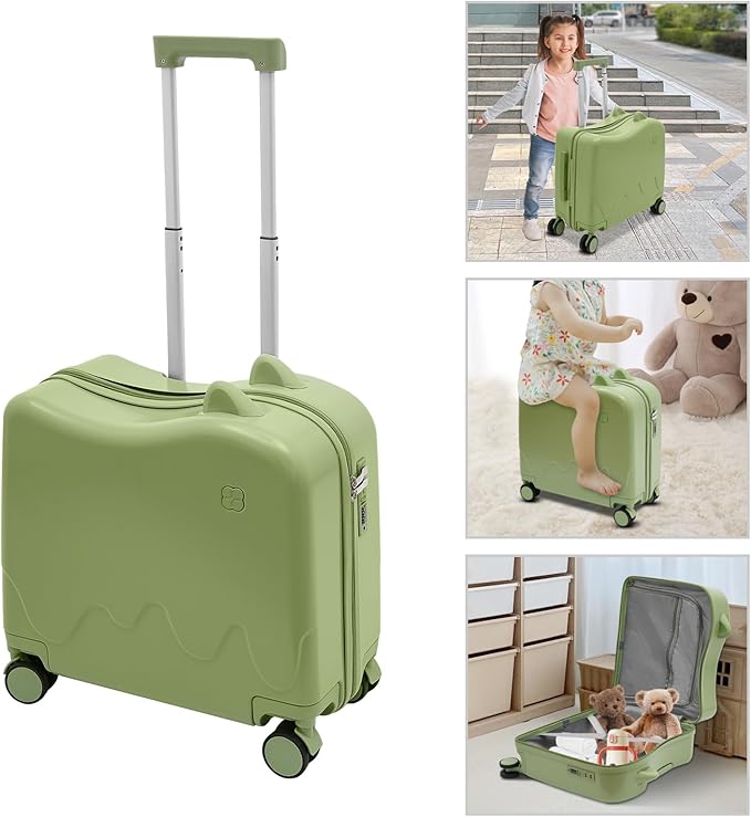18 Inch Kid Ride On Suitcase, Ride-on Luggage with 4 Universal Wheels, Cute Lightweight Tow-Along Luggage with Password Lock, Rolling Luggage for Short Trips, School Trips, Outings (Olive green)