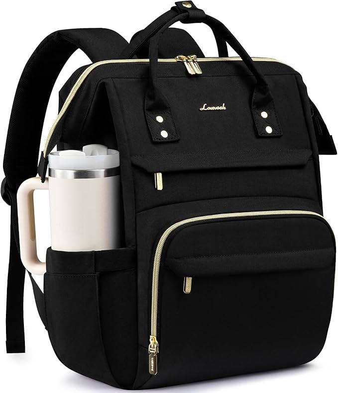 LOVEVOOK Laptop Backpack for Women with Giant Tumbler Holder Pocket,18 inch Waterproof Travel Backpack Purse Computer Laptop Bag,Professional Work College Nurse Teacher Backpack Casual Daypack,Black