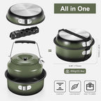 Odoland 5pcs Camping Cookware Non-Stick Camping Pot and Pan Set with Kettle and Removable Handle for Hiking Backpacking and Picnic