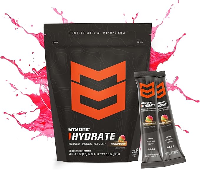 MTN OPS Hydrate Electrolytes Powder Drink Mix, 20 Single Serving On-The-Go Electrolyte Packs with Over 1000mg of Electrolytes per Serving, Rainbow Sherbet
