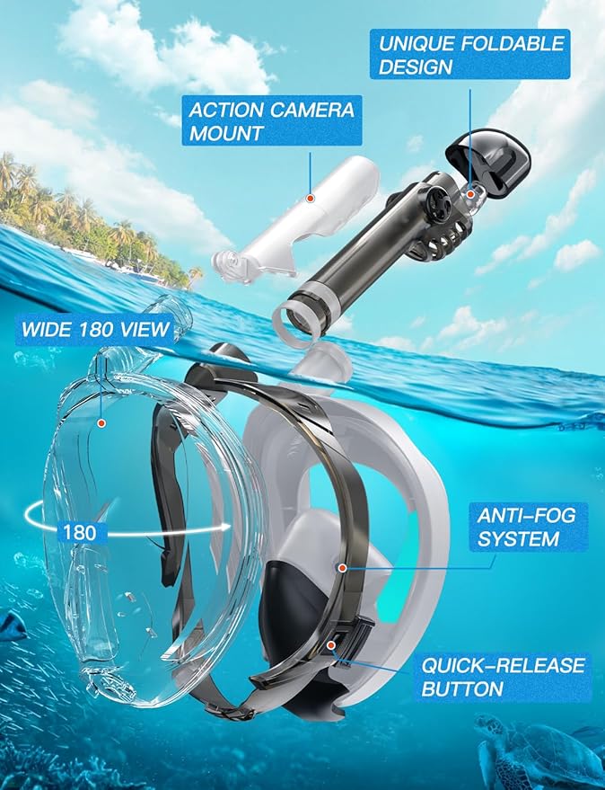 Zenoplige Full Face Snorkel Mask Adults,Dry-Top Snorkeling Gear with Camera Mount,Foldable 180-Degree Panoramic Scuba Mask for Snorkeling Diving Swimming Travel,Snorkel Mask Anti-Fog & Anti-Leak