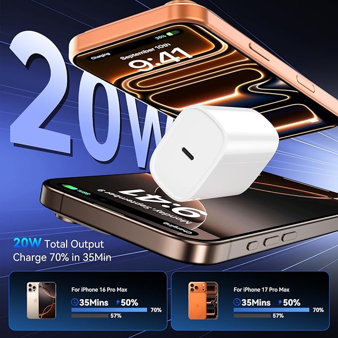 iPhone 17 16 15 Pro Charger Fast Charging, 20W USB C Fast Charger Block with 10ft Long Type C Chargers Fast Charging Cable Cord for iPhone 17/17 Pro/17 Pro Max/Air/16 Pro Max/16 Pro/15 Pro Max/Pro,S24