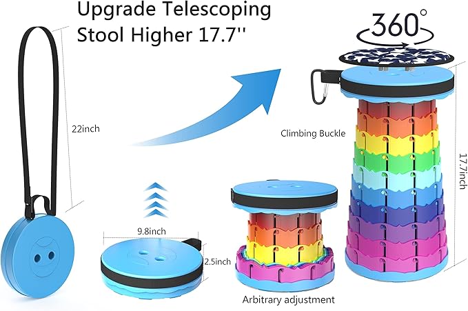 ALEVMOOM Portable Telescoping Stool with Cushion,Retractable More Sturdy Capacity 440Ib,Collapsible Adjustable Folding Stool for Camping Hiking Mountain Garden BBQ