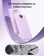 VEGER AC Wall Plug Portable Charger, 10000mah Slim Portable Charger Built in Cables, USB C Power Bank 15W Fast Charging, Travel Essential Battery Pack Compatible with iPhone, Android and More(Purple)