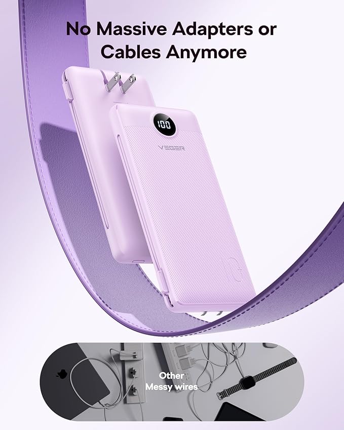 VEGER AC Wall Plug Portable Charger, 10000mah Slim Portable Charger Built in Cables, USB C Power Bank 15W Fast Charging, Travel Essential Battery Pack Compatible with iPhone, Android and More(Purple)