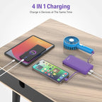 10000mAh Slim Power Bank with Built in Cable,Thin Lightweight Portable Phone Charger,4 Output USB C Travel Essentials External Battery Pack Clutch Charger for iPhone,Samsung,Android,Heated Vest,Purple